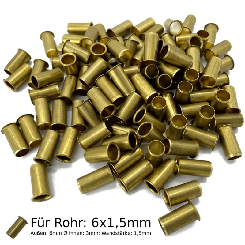 Direktkauf 100x Verstärkungshülse Messing für Rohr Außen 6mm - Innen 3mm - 6x1,5mm