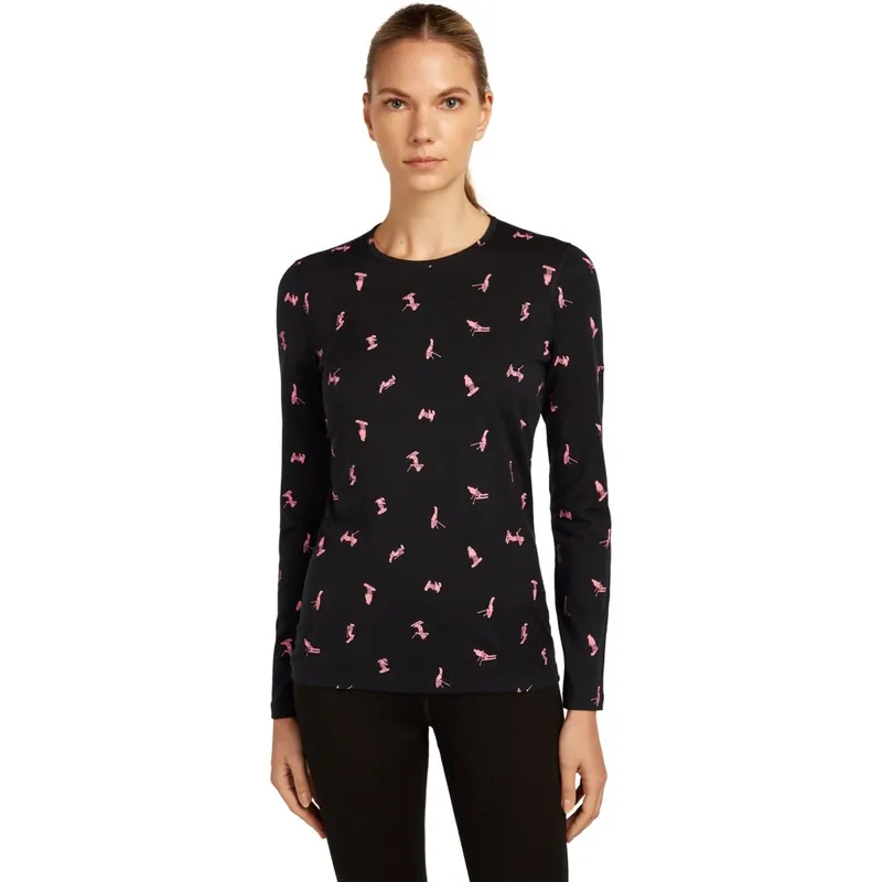 Icebreaker Merino 200 Oasis Thermo-Langarmshirt mit Rundhalsausschnitt Snow Day Damen - Schwarz/Acid Pink Versand Am Gleichen Tag