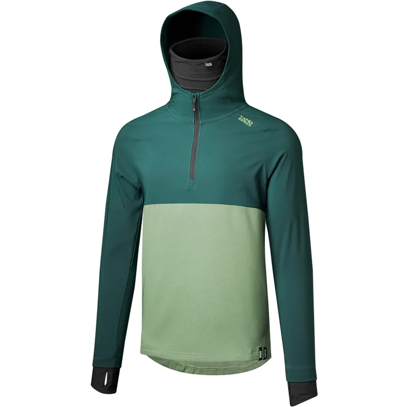 Saisonangebot iXS Carve 1.0 Hooded MTB Langarmtrikot Herren - duckgreen-sage
