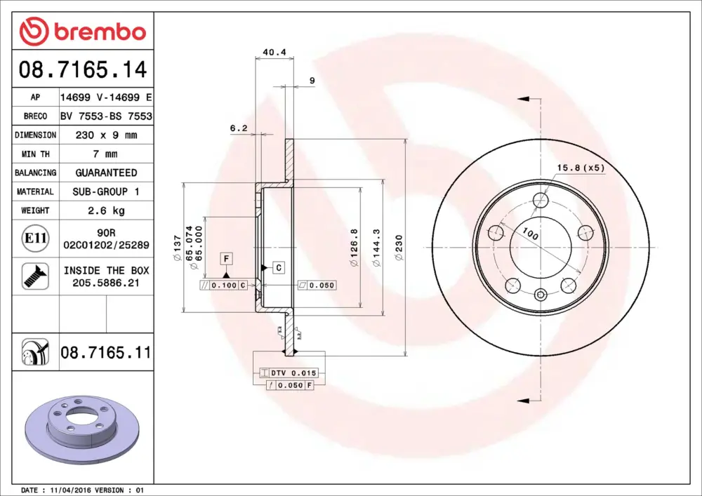 BREMBO 08.7165.11 - Bremsscheibe - PRIME LINE - UV Coated Preisreduziert