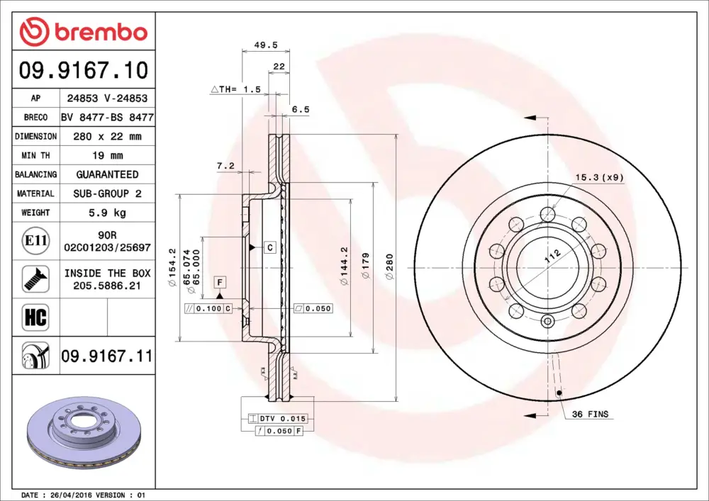 Letzte Chance BREMBO 09.9167.11 - Bremsscheibe - PRIME LINE - UV Coated