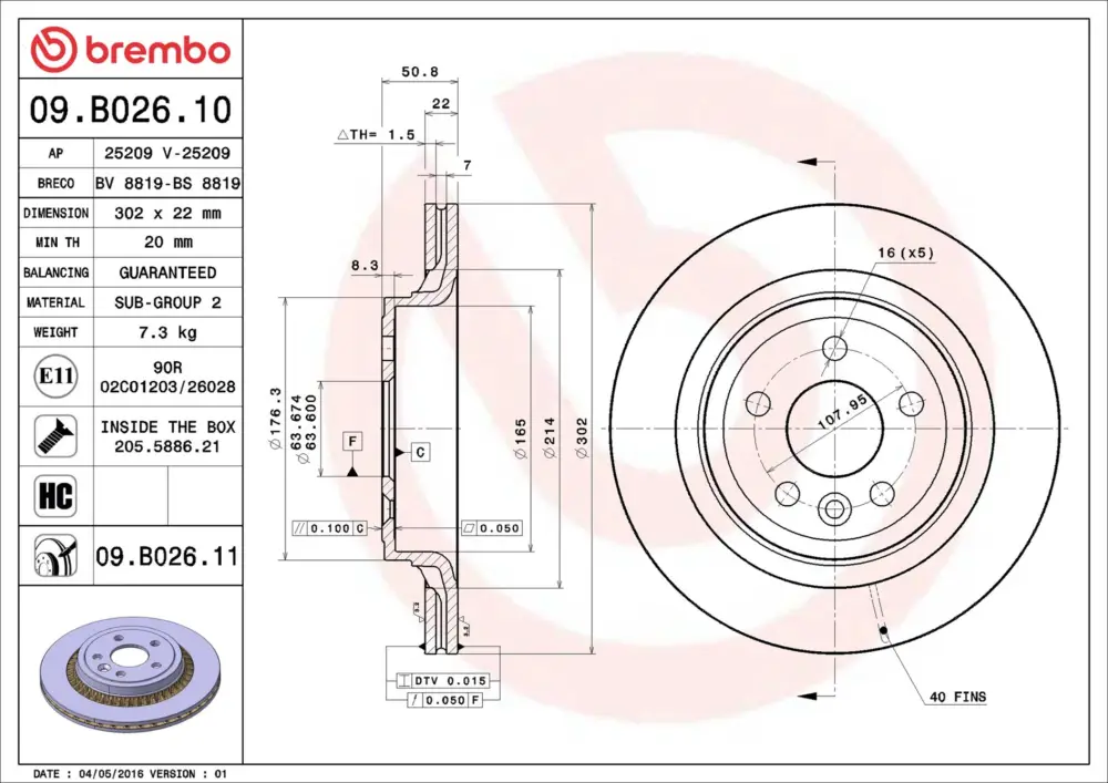 Zertifiziert BREMBO 09.B026.11 - Bremsscheibe - PRIME LINE - UV Coated