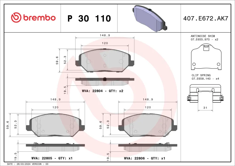 Bestpreis BREMBO P 30 110 - Bremsbelagsatz, Scheibenbremse - PRIME LINE