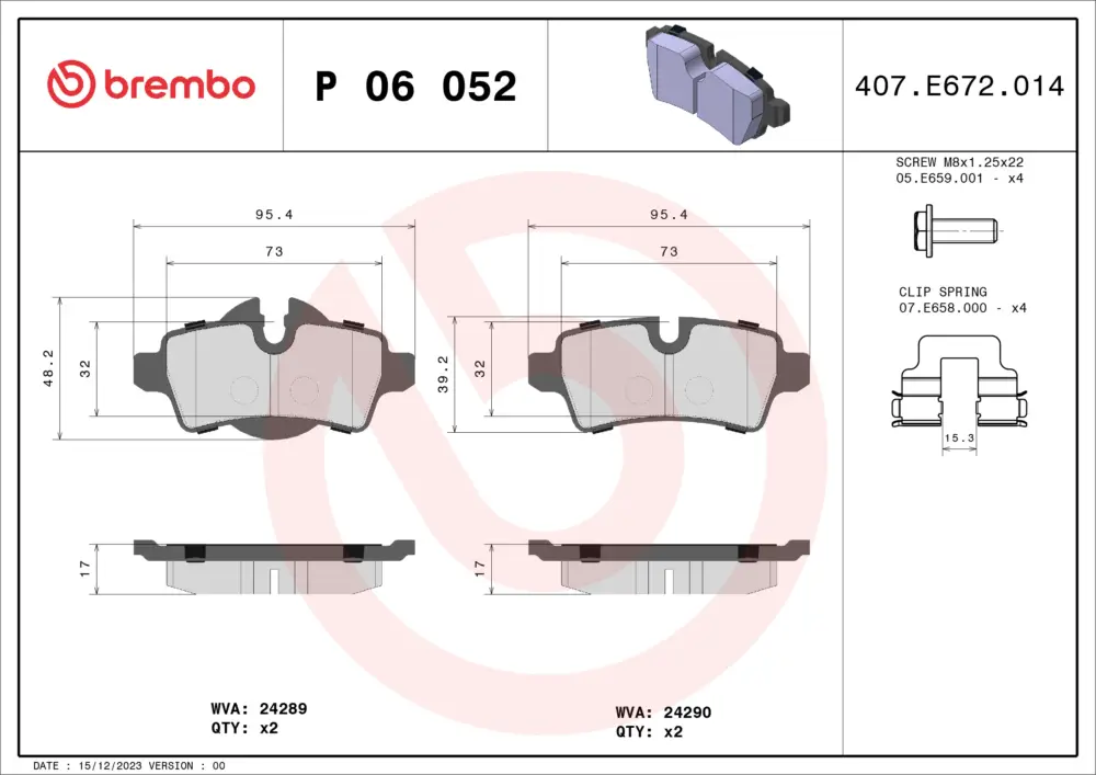 Echt BREMBO P 06 052 - Bremsbelagsatz, Scheibenbremse - PRIME LINE