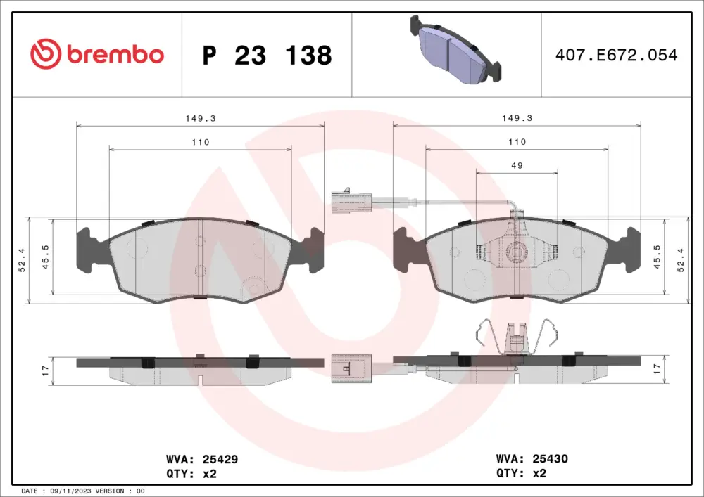 Top-Preis BREMBO P 23 138 - Bremsbelagsatz, Scheibenbremse - PRIME LINE