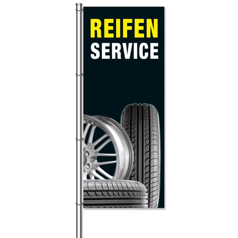 Fahne Reifenservice Motiv mit Fotos von Reifen und Felgen H 300 x B 120cm Billig