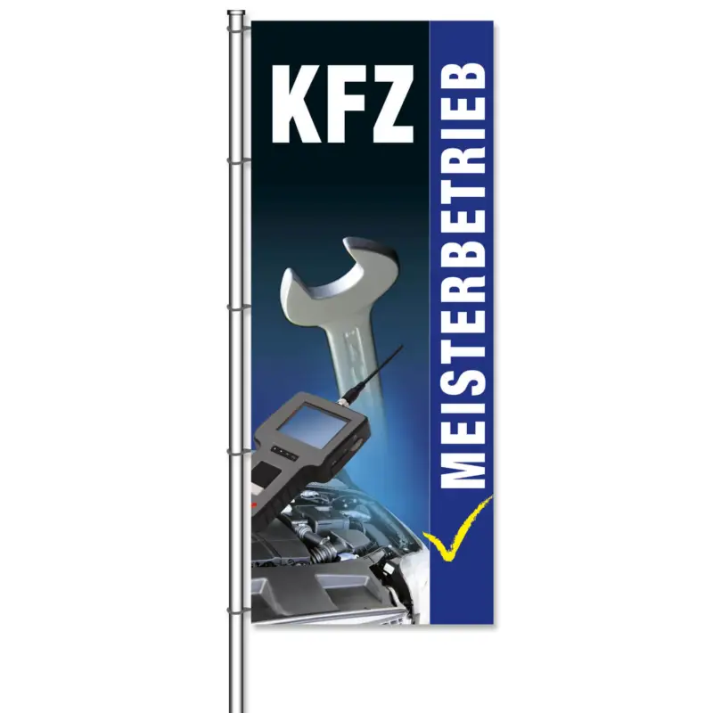 Fahne KFZ-Werkstatt Motiv KFZ-Meisterbetrieb mit Bilder H 375 x B 150cm Meistverkauft